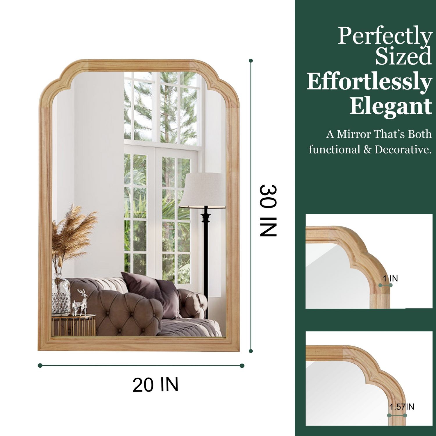 Start2Finish rounded corner solid wood wall mirror with natural wood finish, suitable for bathroom, bedroom, entryway, or living room.