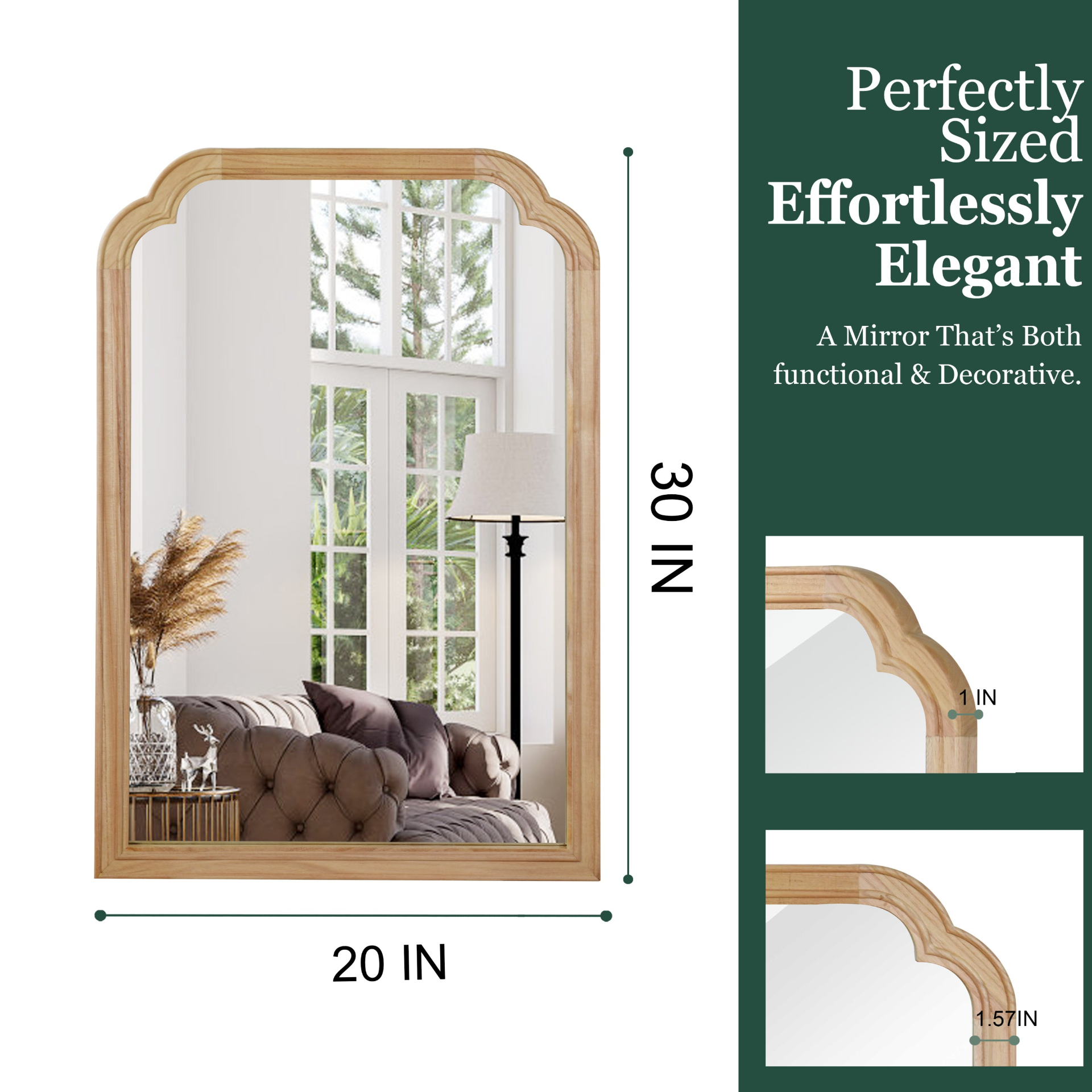 Start2Finish rounded corner solid wood wall mirror with natural wood finish, suitable for bathroom, bedroom, entryway, or living room.