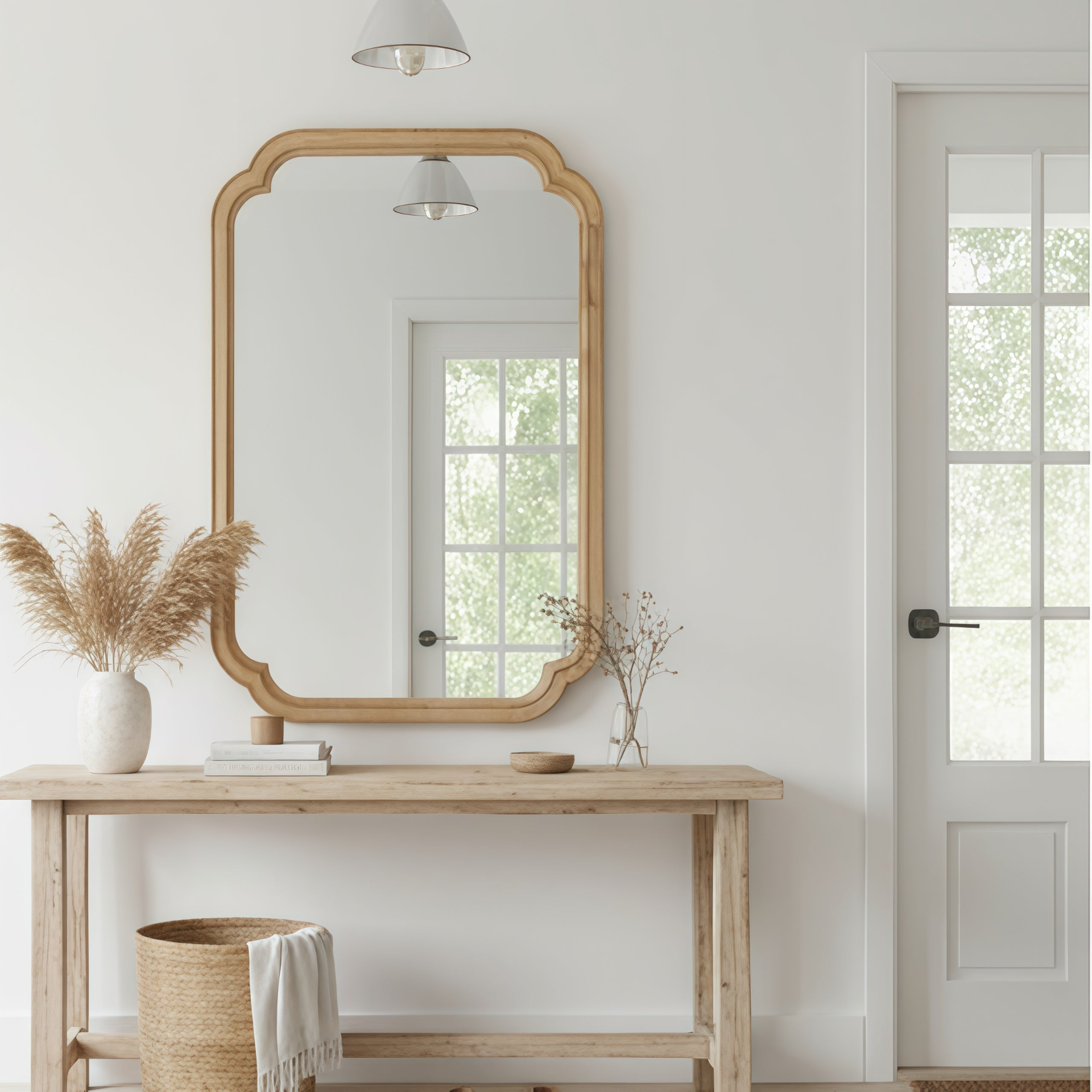 Start2Finish rounded corner solid wood wall mirror for bathroom, bedroom, entryway, or living room with a sleek, natural finish.