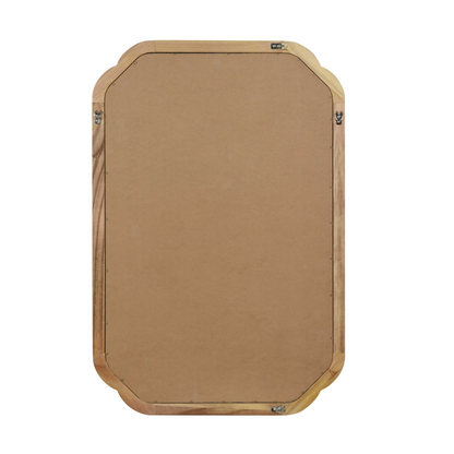 Round solid wood wall mirror with rounded corners, suitable for bathroom, bedroom, entryway, or living room decor.