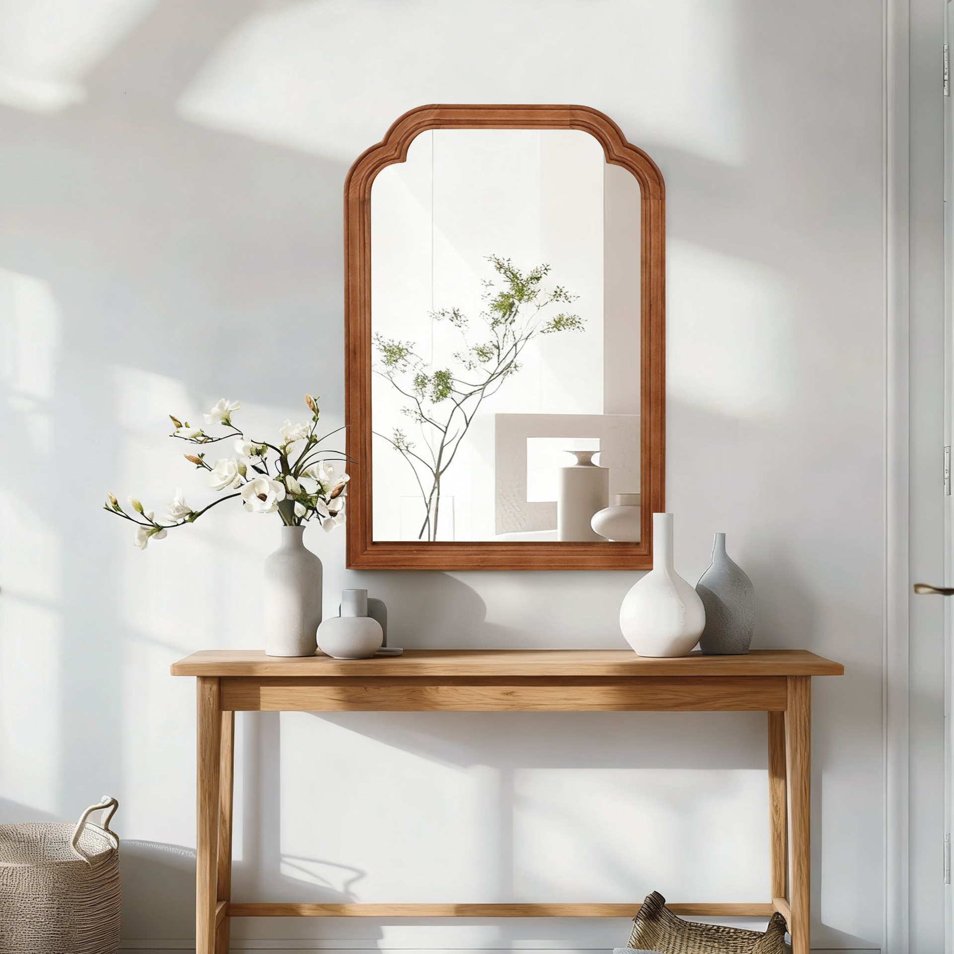 Start2Finish rounded corner solid wood wall mirror with beveled edge, ideal for bathroom, bedroom, entryway, or living room decor.