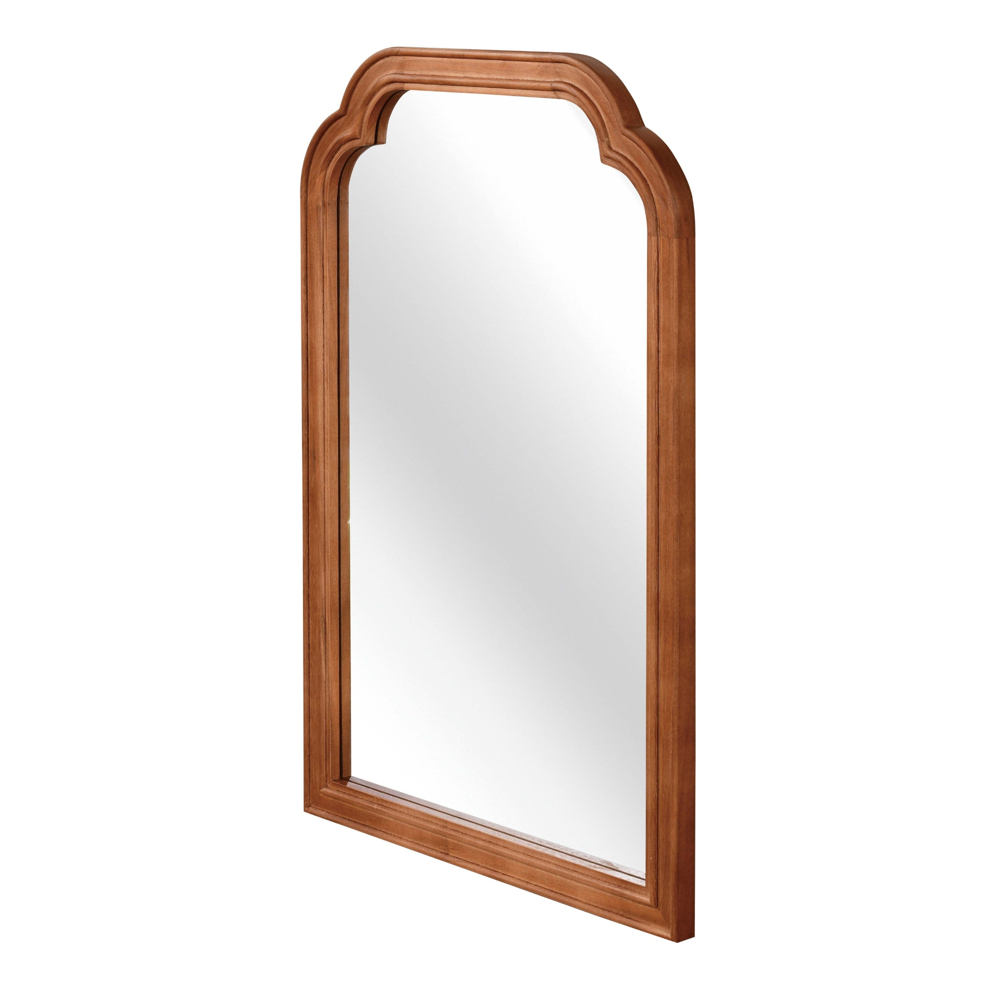 Round solid wood wall mirror with rounded corners, suitable for bathroom, bedroom, entryway, or living room decor.