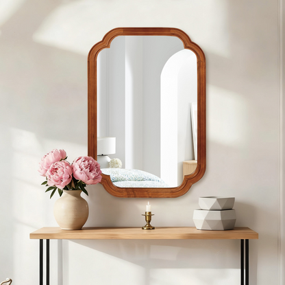 Start2Finish rounded corner solid wood wall mirror for bathroom, bedroom, entryway, or living room with a sleek natural wood frame.