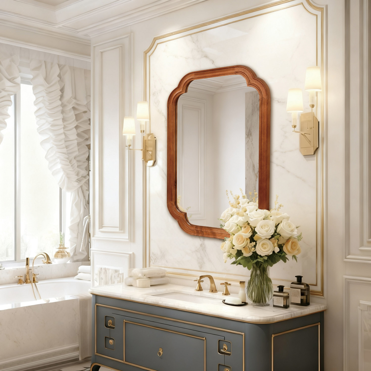 Rounded corner solid wood wall mirror by Start2Finish, ideal for bathroom, bedroom, entryway, or living room décor.