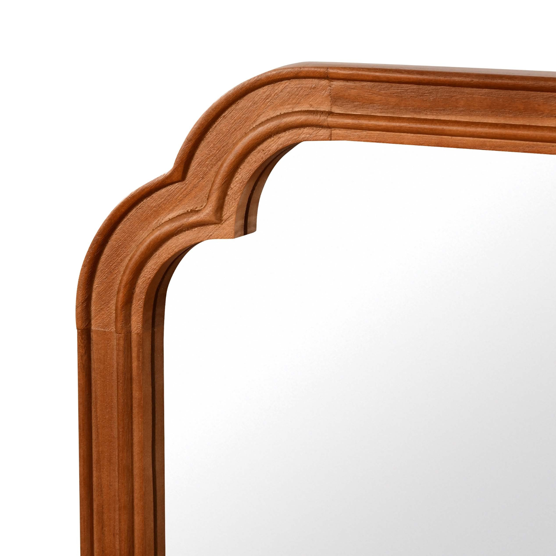 Round solid wood wall mirror with rounded corners, ideal for bathroom, bedroom, entryway, or living room decor.
