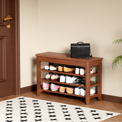 Full-length walnut wood mirror with built-in coat rack and storage, adjustable height, suitable for bedroom, entryway, or dressing area.
