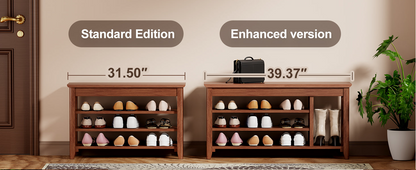 Rotating full-length wood mirror with coat rack and storage in walnut finish, available in 31.5" and 39.37" sizes for bedroom or entryway.