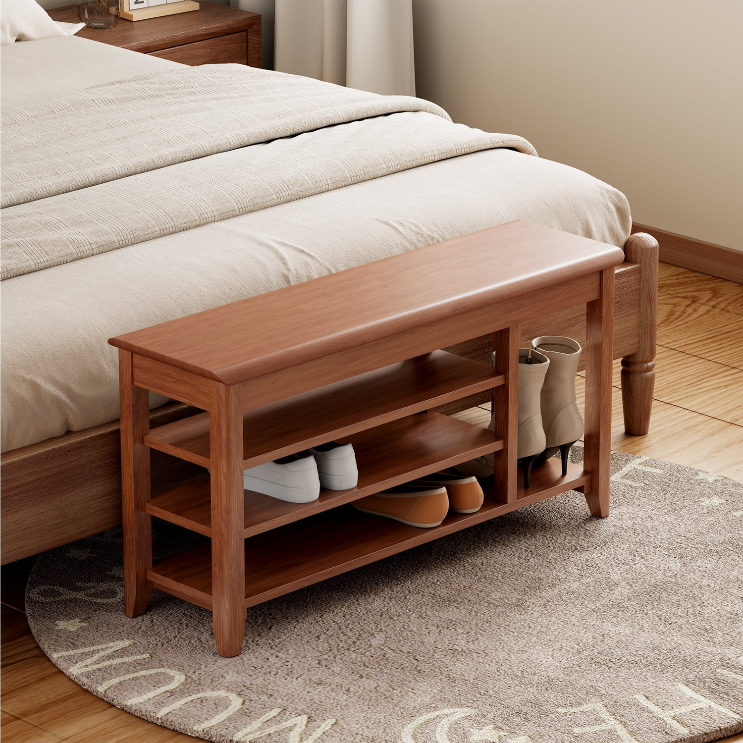 Full-length walnut wood mirror with coat rack and storage, adjustable size, ideal for bedroom, entryway, or dressing area.