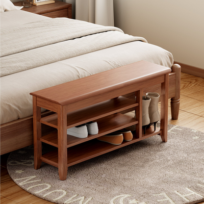 Full-length walnut wood mirror with coat rack and storage, adjustable size, ideal for bedroom, entryway, or dressing area.