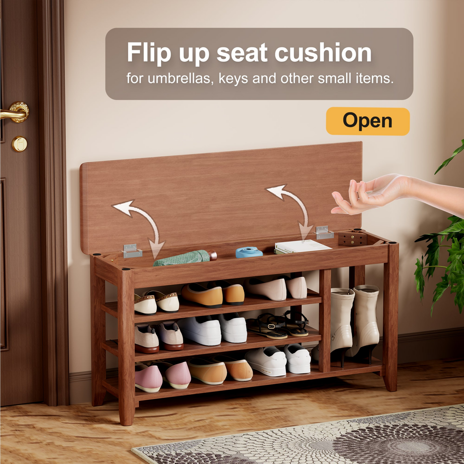 Rotating full-length mirror with coat rack and walnut wood storage, shown in a modern bedroom setting.