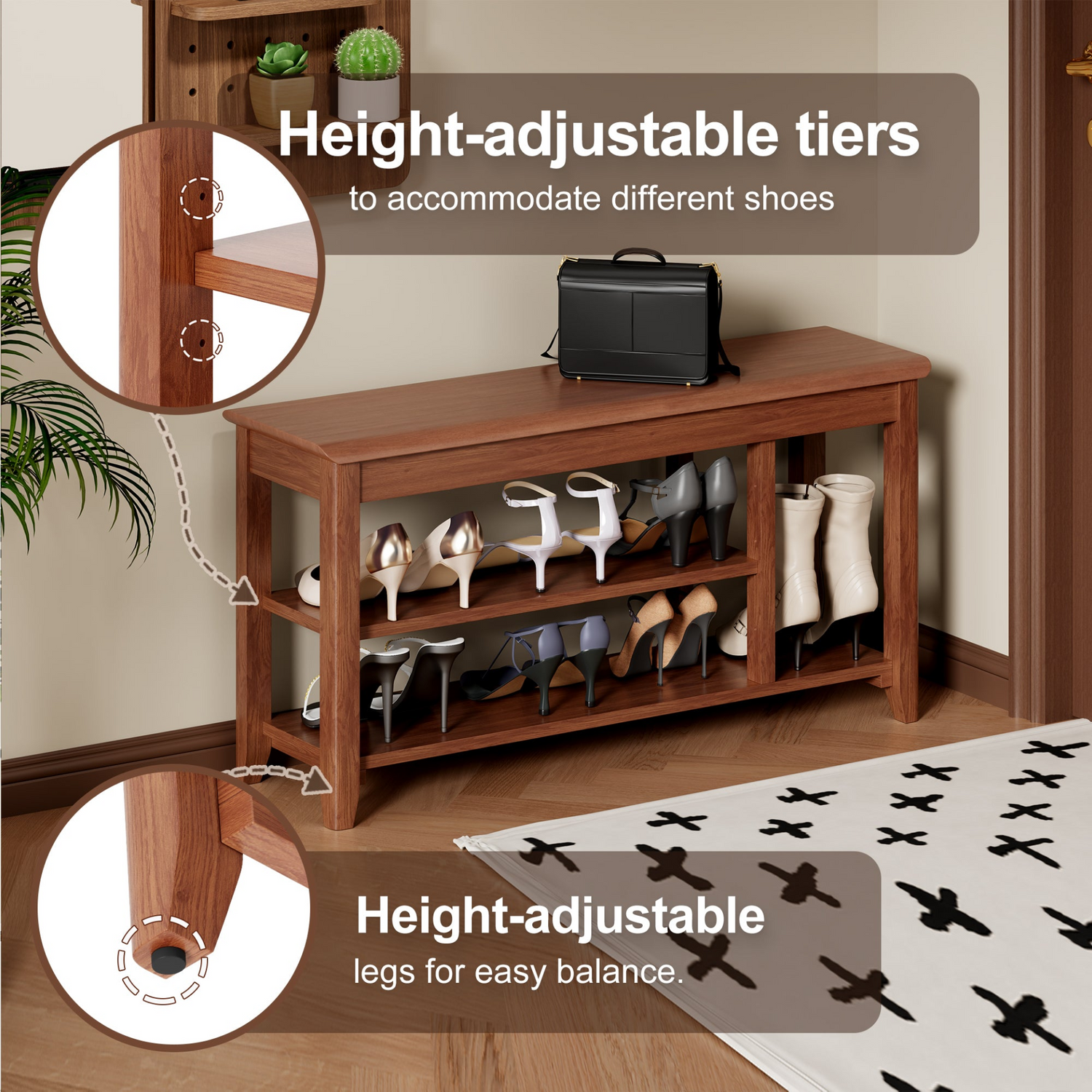 Full-length walnut wood mirror with coat rack and storage, featuring adjustable height in 31.5" or 39.37" sizes for bedroom or entryway.