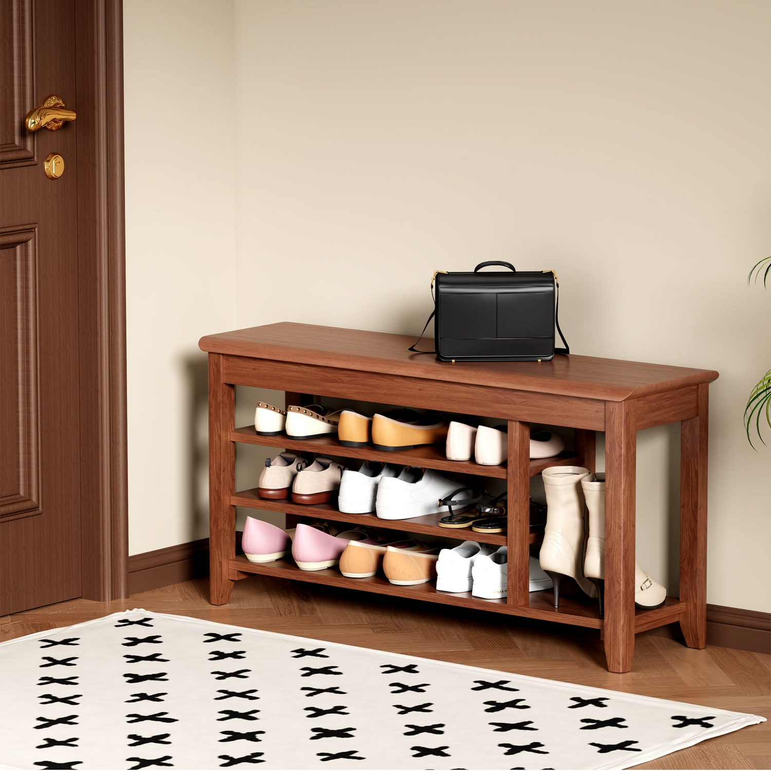 Rotating full-length walnut wood mirror with coat rack and storage, available in 31.5" and 39.37" sizes for bedroom or entryway.