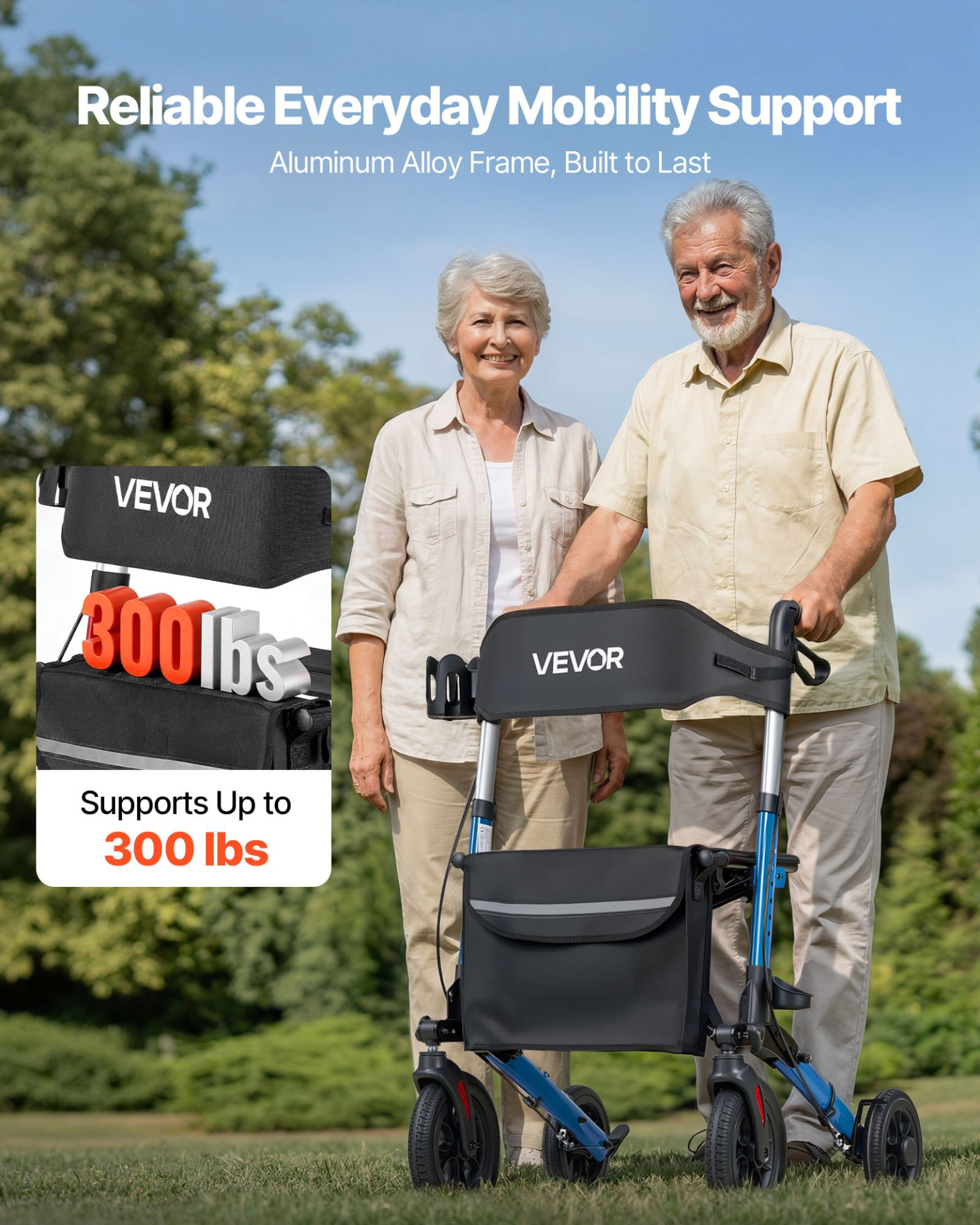 Start2Finish VEVOR rollator walker with seat, lightweight aluminum frame, solid PU wheels, adjustable handles, cup and cane holder.