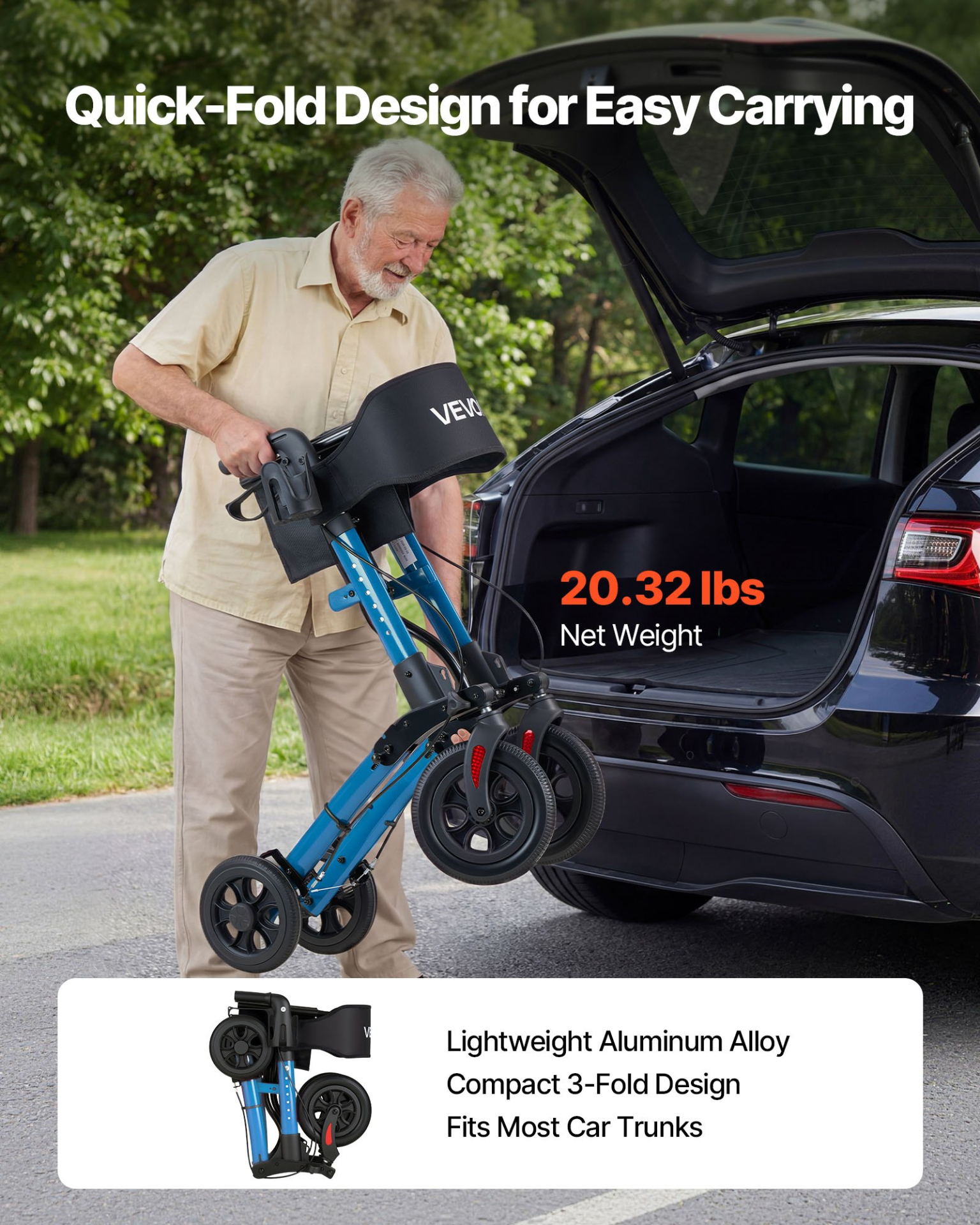 Start2Finish VEVOR rollator walker with seat, lightweight aluminum, 3-fold design, PU wheels, adjustable handles, cup &amp; cane holder.