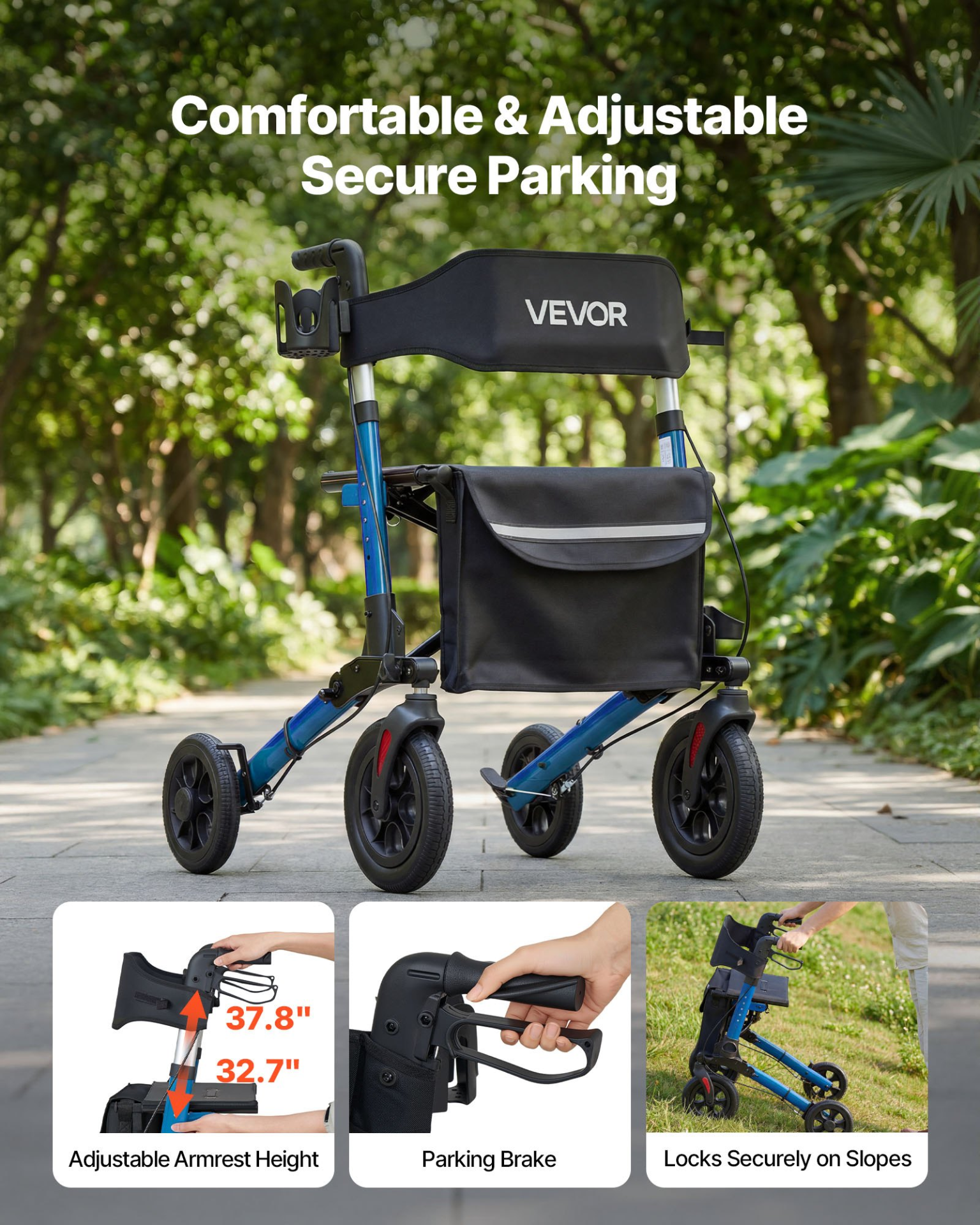 Start2Finish VEVOR rollator walker with seat, lightweight aluminum, adjustable handles, solid wheels, cup and cane holder, supports 300 lbs.