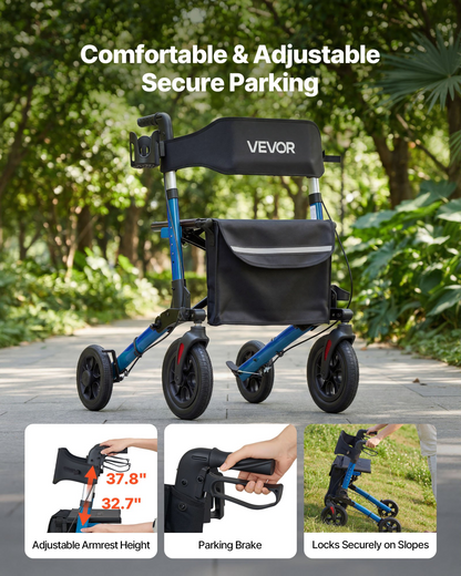 Start2Finish VEVOR rollator walker with seat, lightweight aluminum, adjustable handles, solid wheels, cup and cane holder, supports 300 lbs.