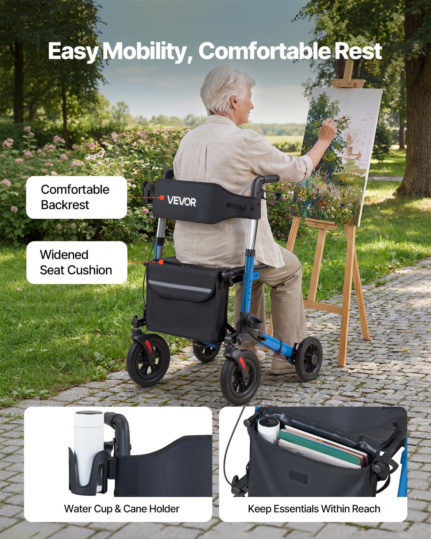 Start2Finish VEVOR rollator walker for seniors with seat, lightweight aluminum frame, PU wheels, adjustable handles, cup and cane holder
