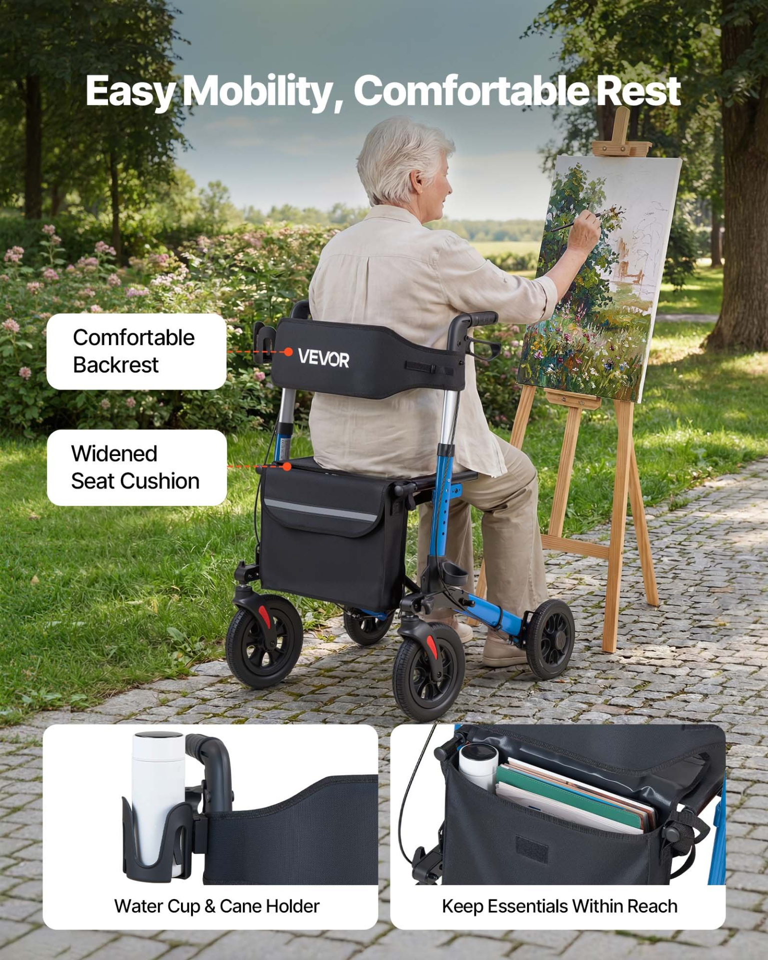 Start2Finish VEVOR rollator walker for seniors with seat, lightweight aluminum frame, PU wheels, adjustable handles, cup and cane holder