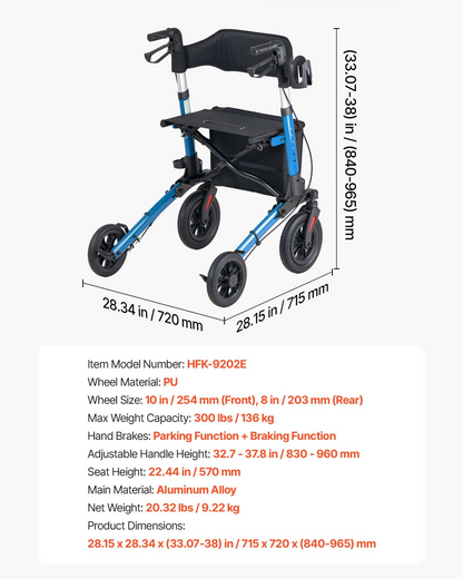 Start2Finish VEVOR rollator walker with seat, lightweight aluminum frame, PU wheels, adjustable handles, cup and cane holder for seniors