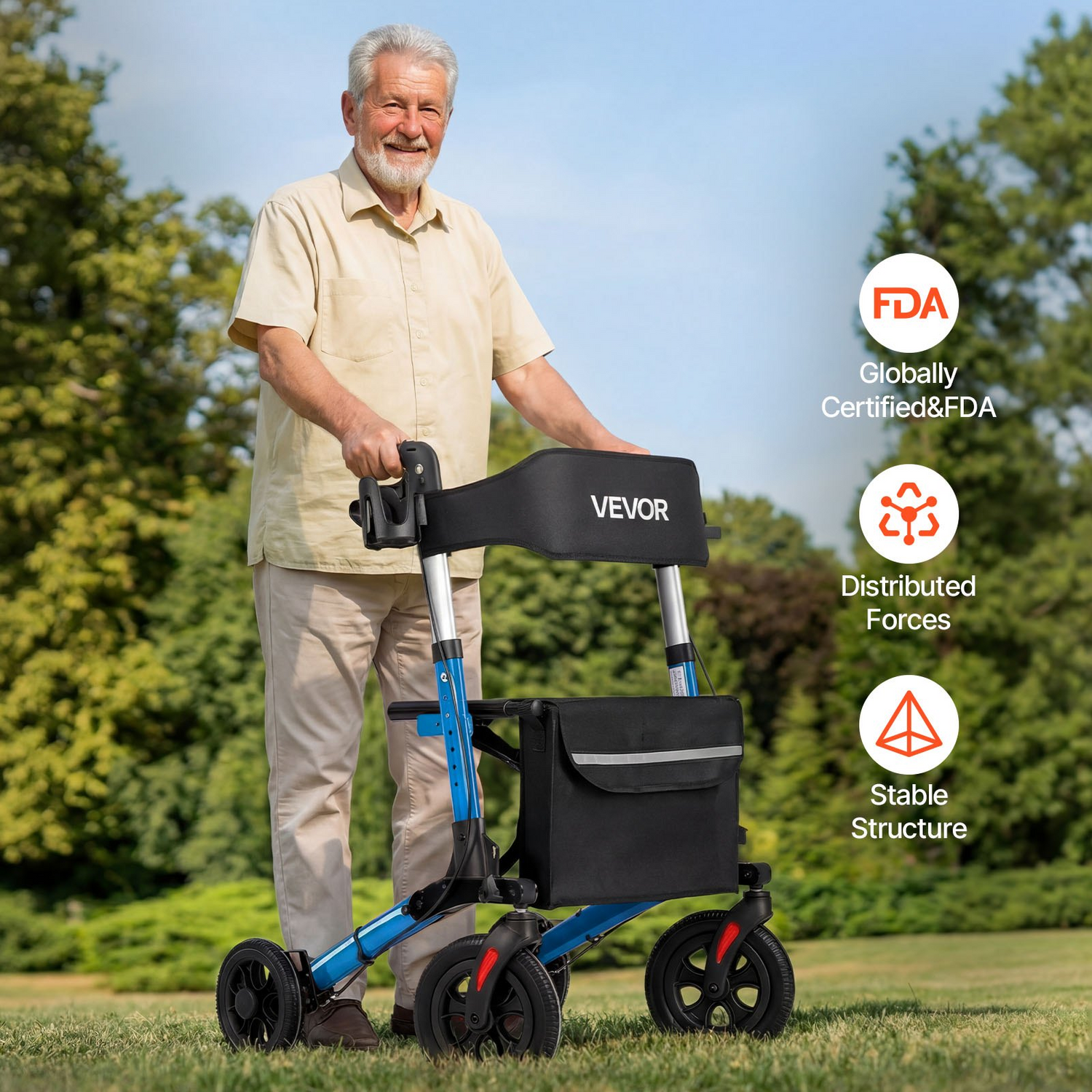 Start2Finish VEVOR rollator walker with seat, lightweight aluminum frame, solid wheels, adjustable handles, cup and cane holders.
