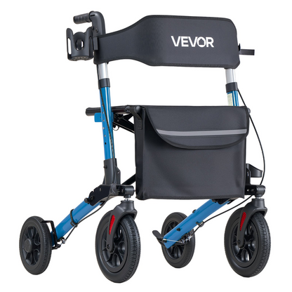 Start2Finish VEVOR rollator walker with seat, lightweight aluminum frame, PU wheels, adjustable handles, cup and cane holder.