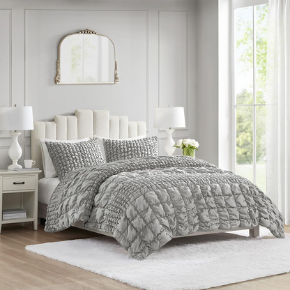 Start2Finish Evelyn 3-piece stripe ruched comforter set in grey, featuring modern pattern and soft, comfortable fabric.