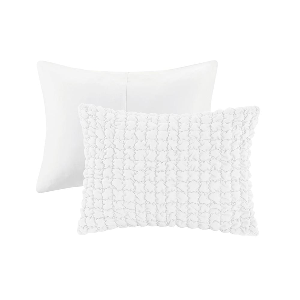 Evelyn 3-piece stripe ruched comforter set in white with matching pillow shams, displayed on a bed in a cozy bedroom setting.