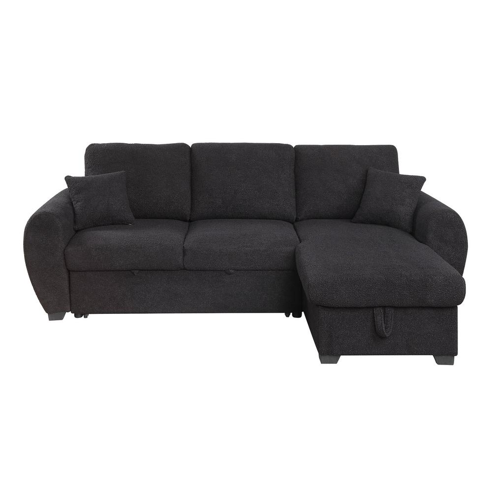 Black Teddy Fleece Reversible Sleeper Sectional Sofa with Storage Chaise, 95 inches wide, featuring plush fabric and modern design