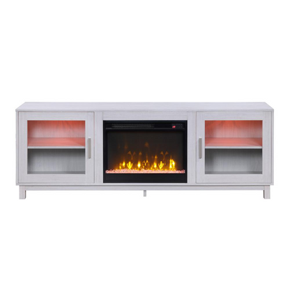 White walnut finish Summit 70-inch TV stand with fireplace insert and storage, by Start2Finish.