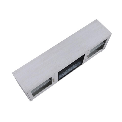 White walnut finish Summit 70-inch TV stand with fireplace, modern console with storage compartments and sleek design.
