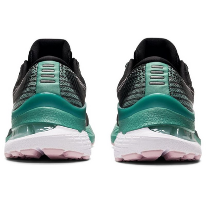 Asics Gel Kayano 28 W running shoes in gray and teal with breathable mesh and cushioned soles, designed for women.