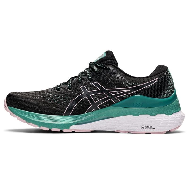 Asics Gel Kayano 28 W running shoes in black and white with blue accents, featuring cushioned soles and breathable mesh upper.