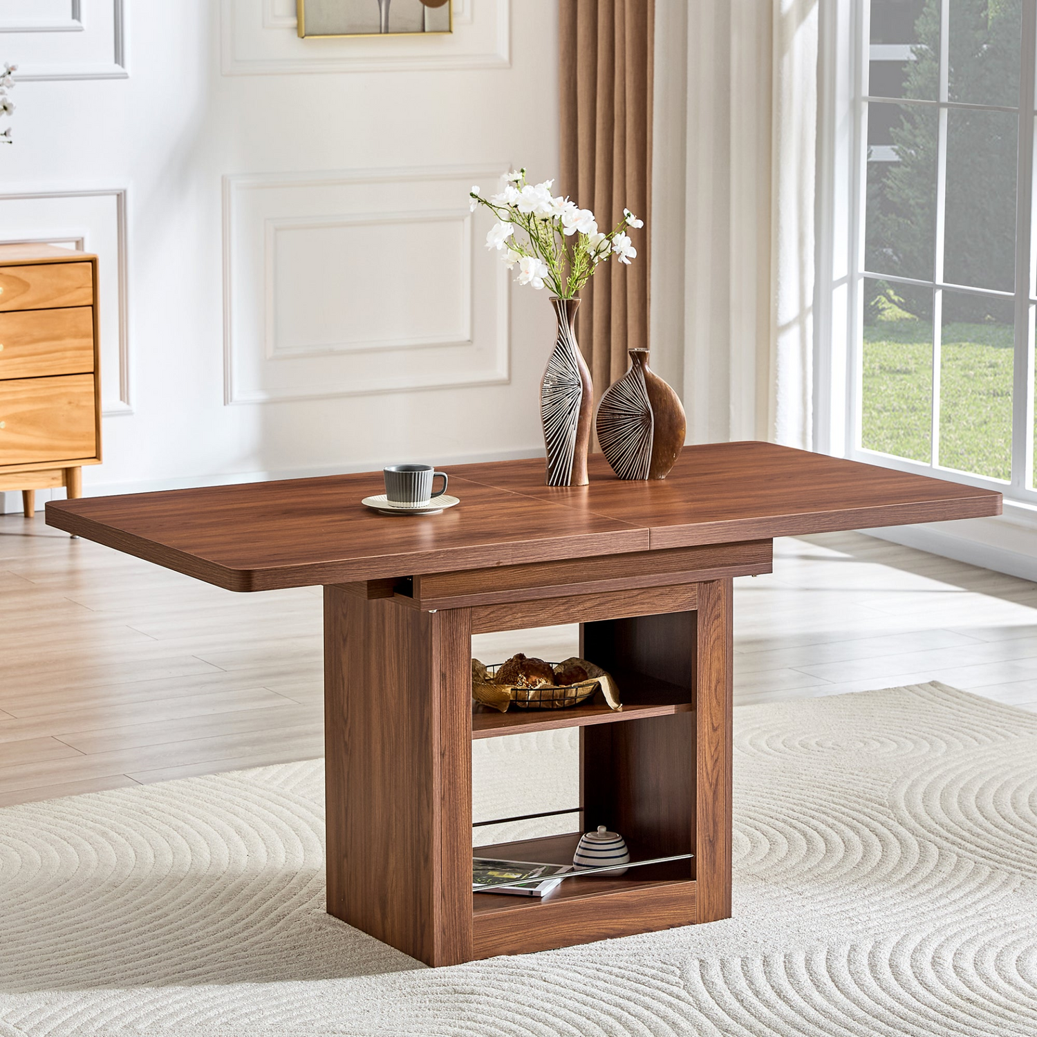 Rectangular MDF walnut dining table with storage, expandable for kitchen or apartment dining rooms, by Start2Finish.