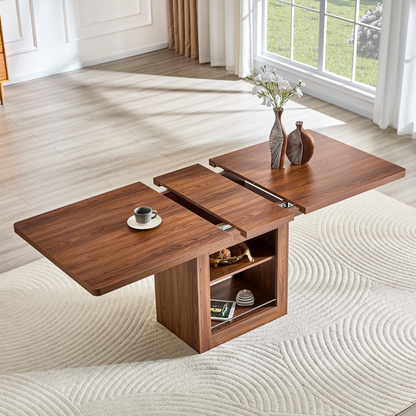 Rectangular MDF walnut dining table with storage and expandable design, perfect for dining rooms, kitchens, and apartments.