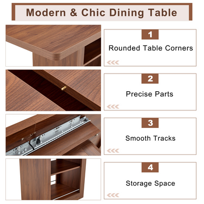 Rectangular MDF walnut dining table with storage and expandable design, ideal for kitchen, dining room, or apartment dining spaces.