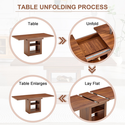 Rectangular Start2Finish MDF walnut dining table with storage and expandable design for kitchen, dining room, or apartment dining.