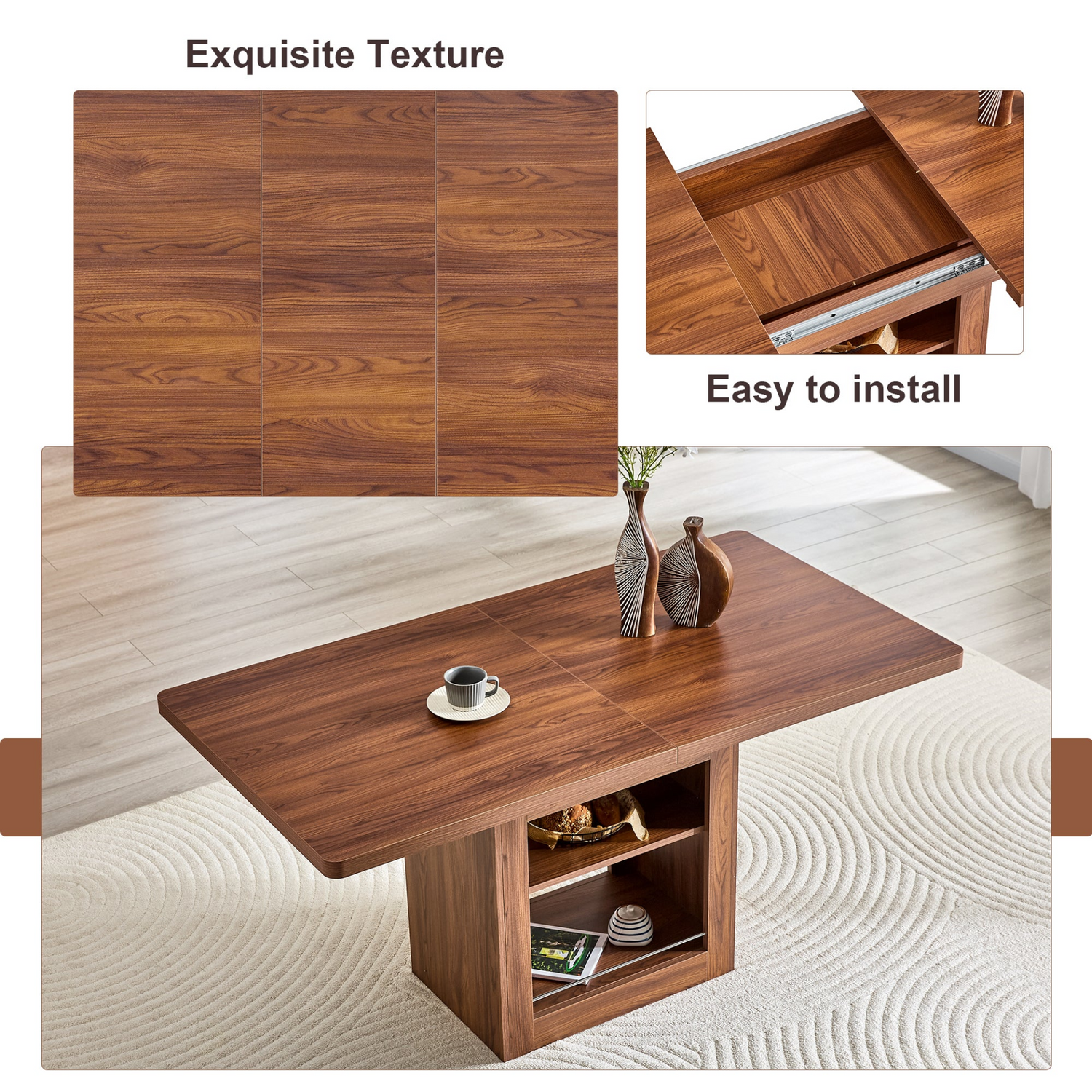 Rectangular MDF walnut dining table with storage and expandable surface, ideal for dining rooms, kitchens, and apartments.
