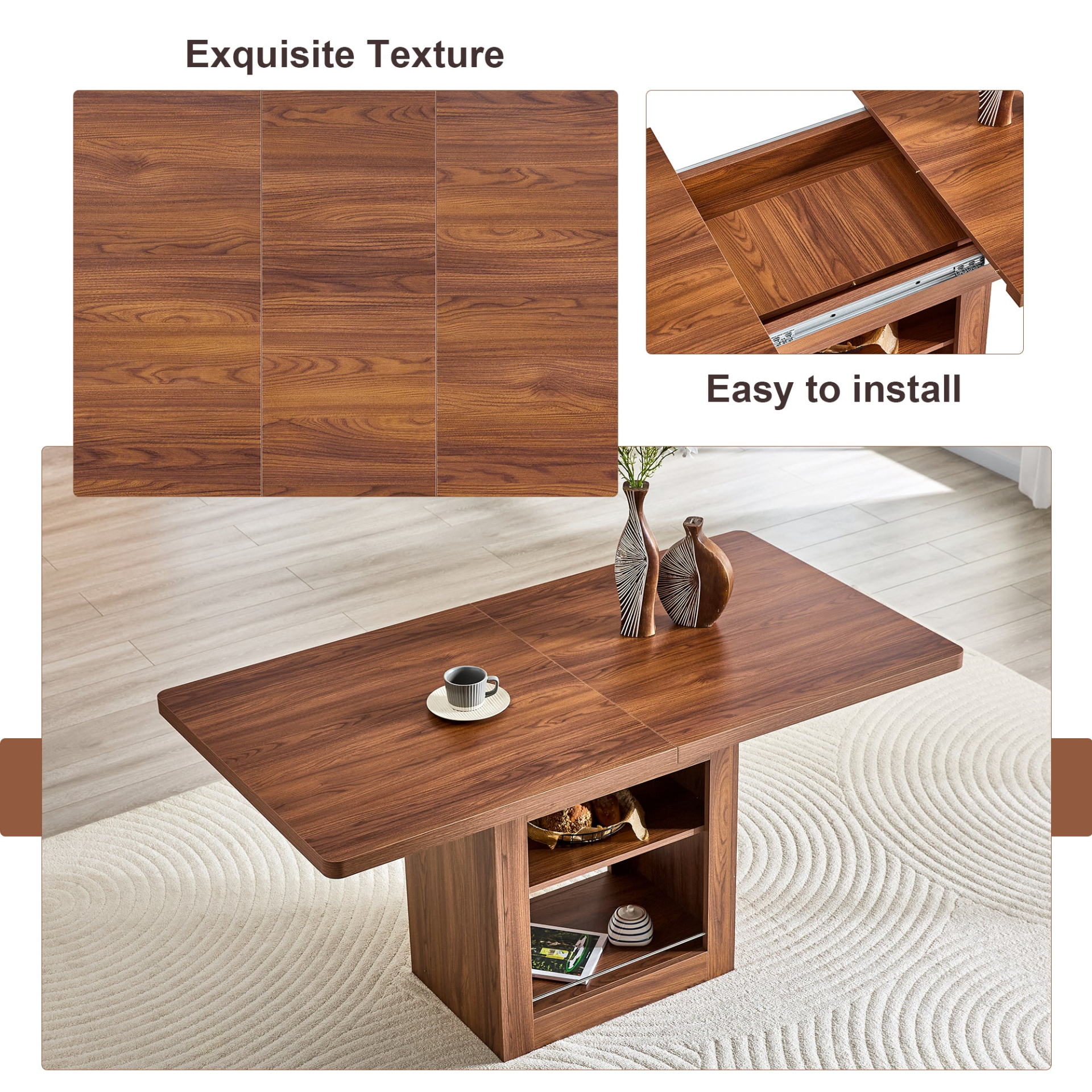 Rectangular MDF walnut dining table with storage and expandable surface, ideal for dining rooms, kitchens, and apartments.