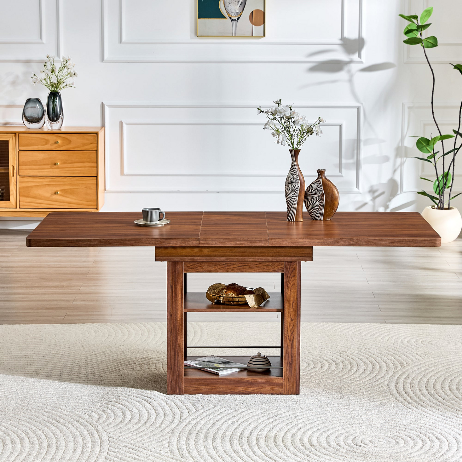Start2Finish rectangular MDF walnut dining table with storage, expandable for kitchen and apartment dining rooms.