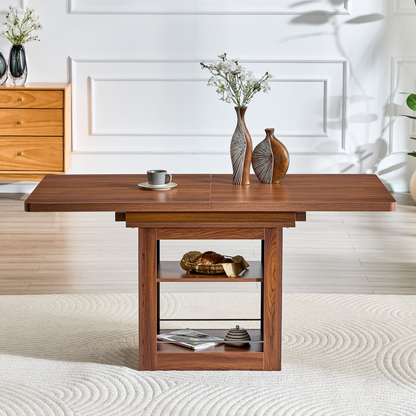Rectangular MDF walnut dining table with storage and expandable design for kitchen, dining room, or apartment.