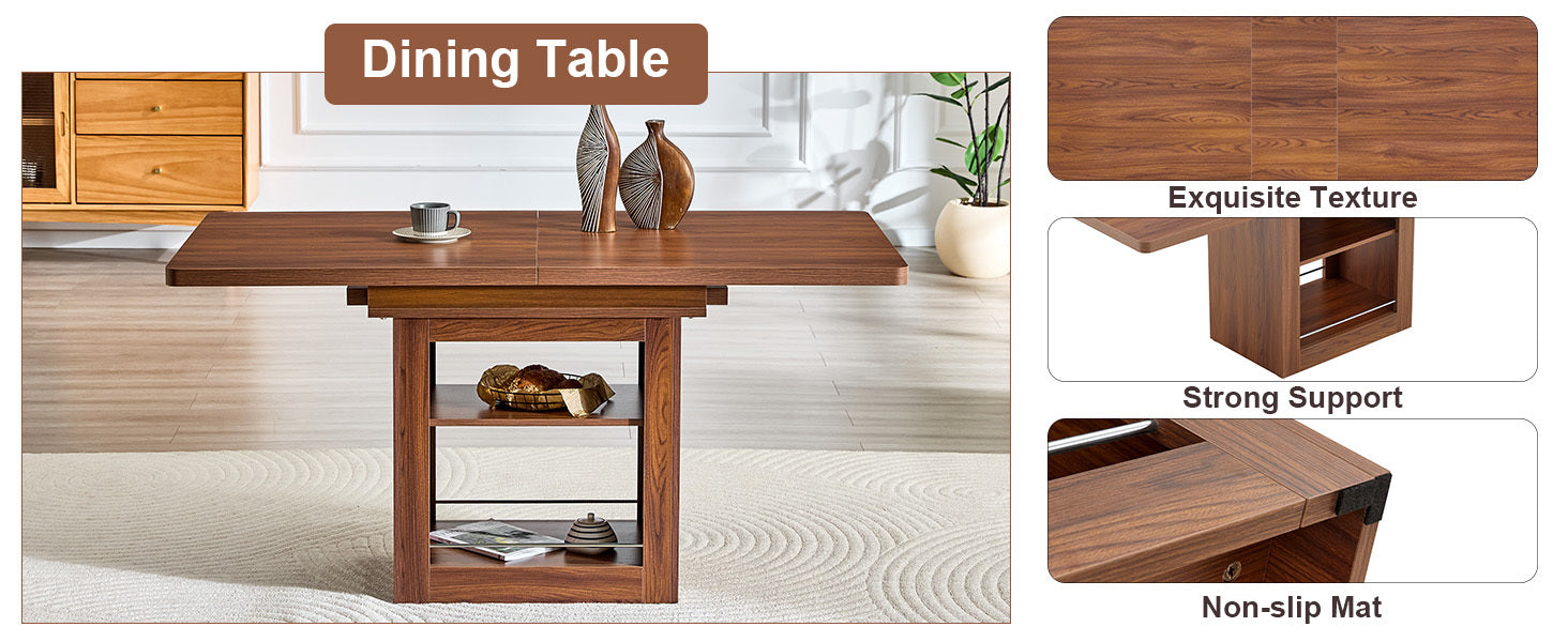 Rectangular MDF walnut dining table with storage, expandable for dining room, kitchen, or apartment dining spaces.