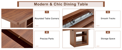 Rectangular MDF walnut dining table with storage and expandable leaves, ideal for dining rooms, kitchens, and apartments.