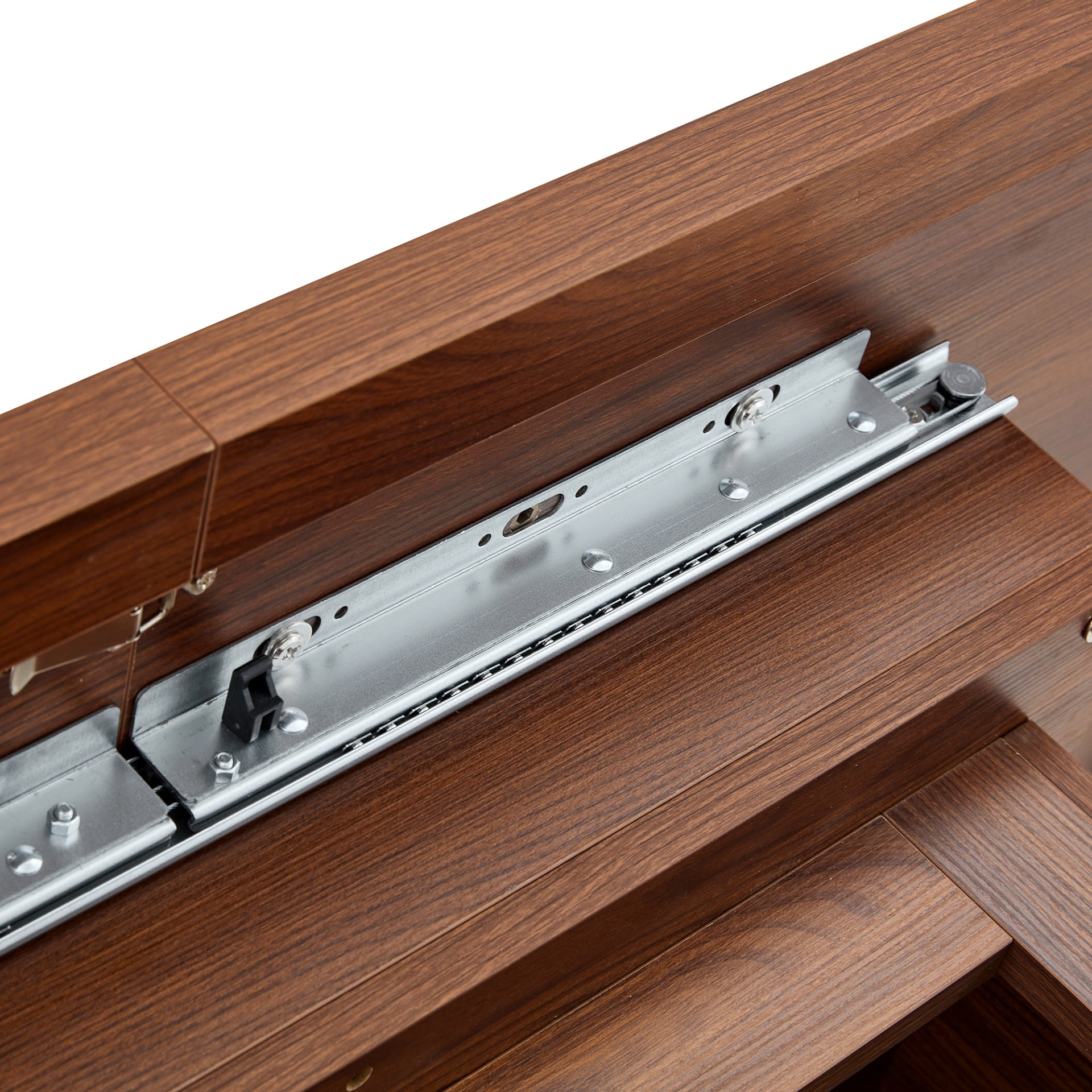 Rectangular MDF walnut dining table with storage, expandable for kitchen or apartment dining, by Start2Finish.