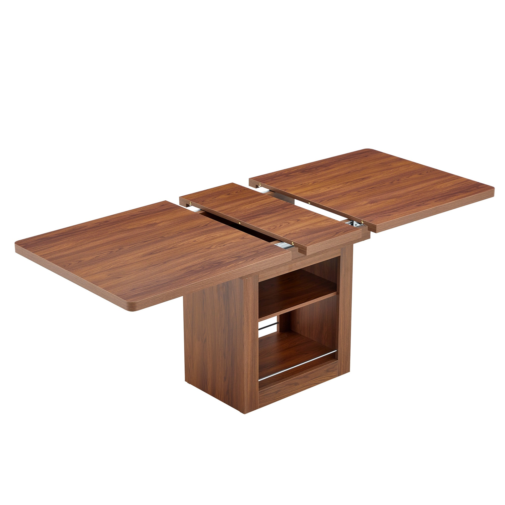Rectangular MDF walnut dining table with storage, expandable design, ideal for kitchen, dining room, or apartment dining spaces.