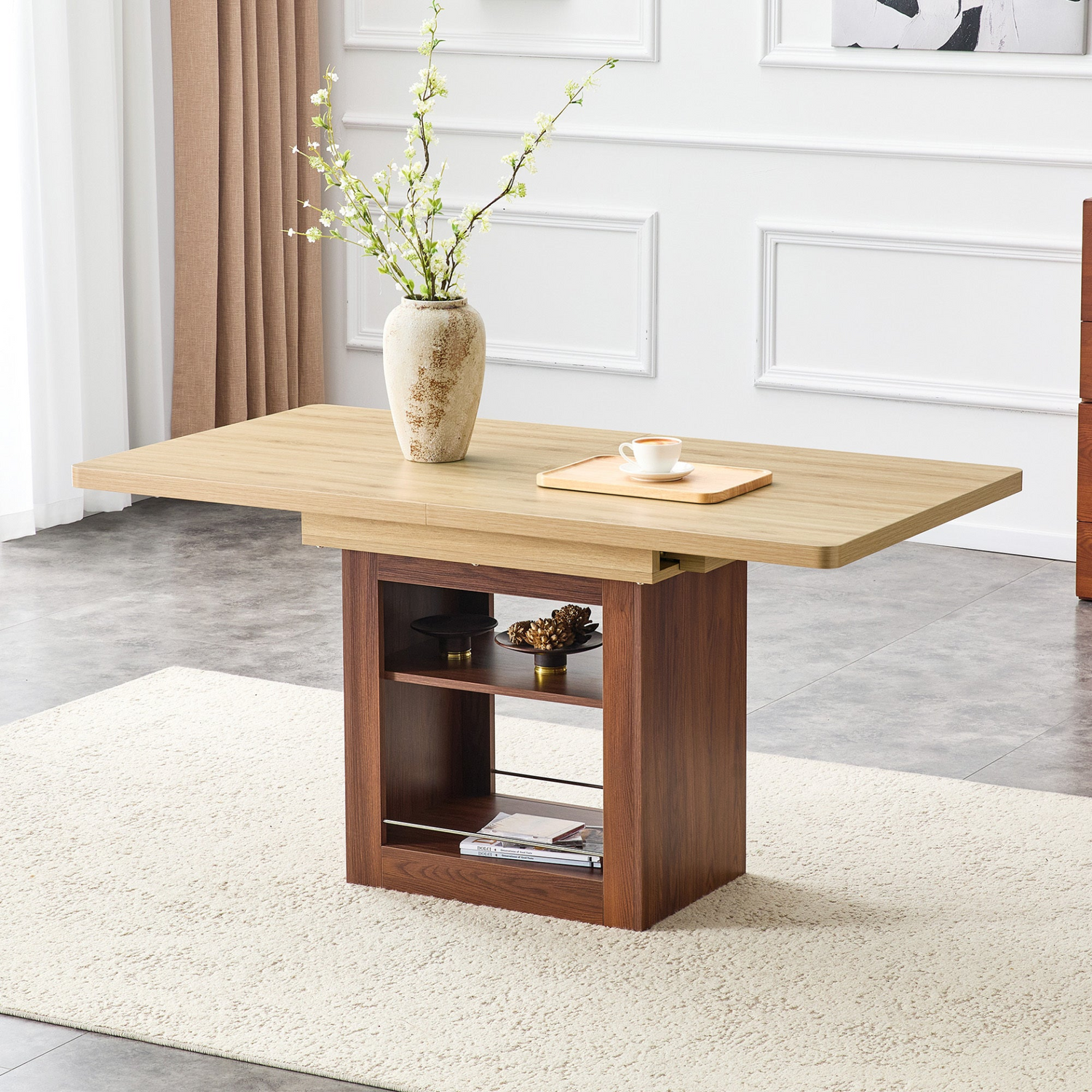 Rectangular MDF walnut dining table by Start2Finish with storage, expandable for kitchen, dining room, or apartment use.