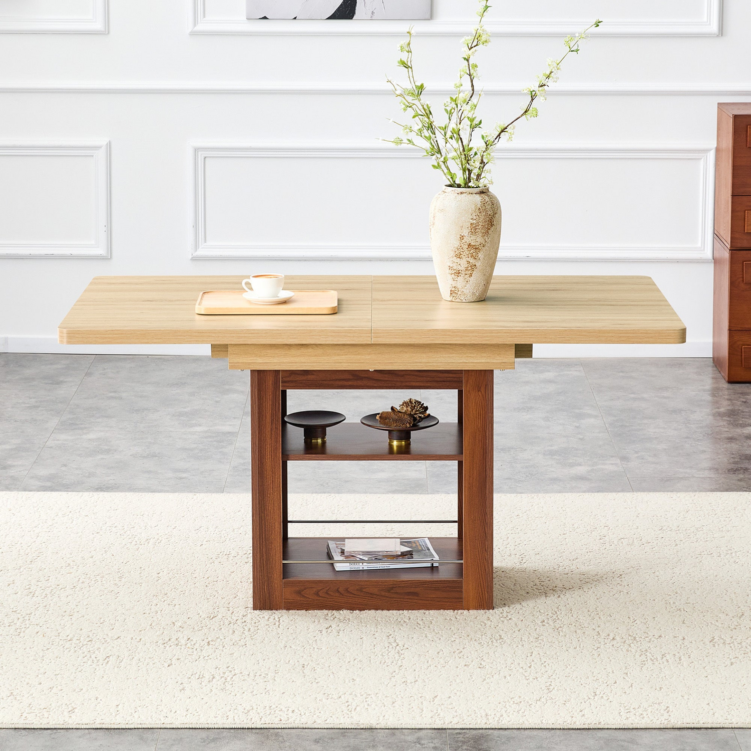 Rectangular MDF walnut dining table with storage and expandable feature, ideal for dining rooms, kitchens, and apartments.
