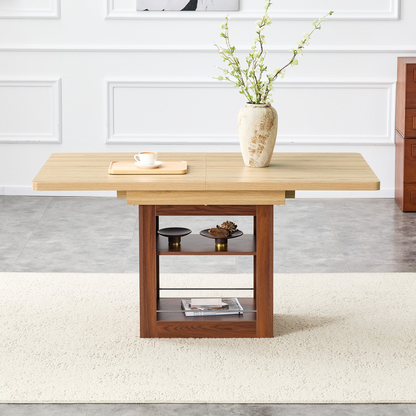 Rectangular MDF walnut dining table with storage and expandable feature, ideal for dining rooms, kitchens, and apartments.