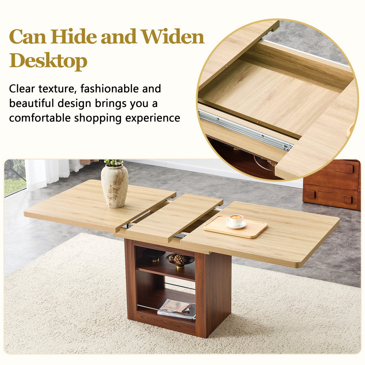 Start2Finish rectangular MDF walnut dining table with storage and extendable leaves, ideal for dining rooms and kitchens.