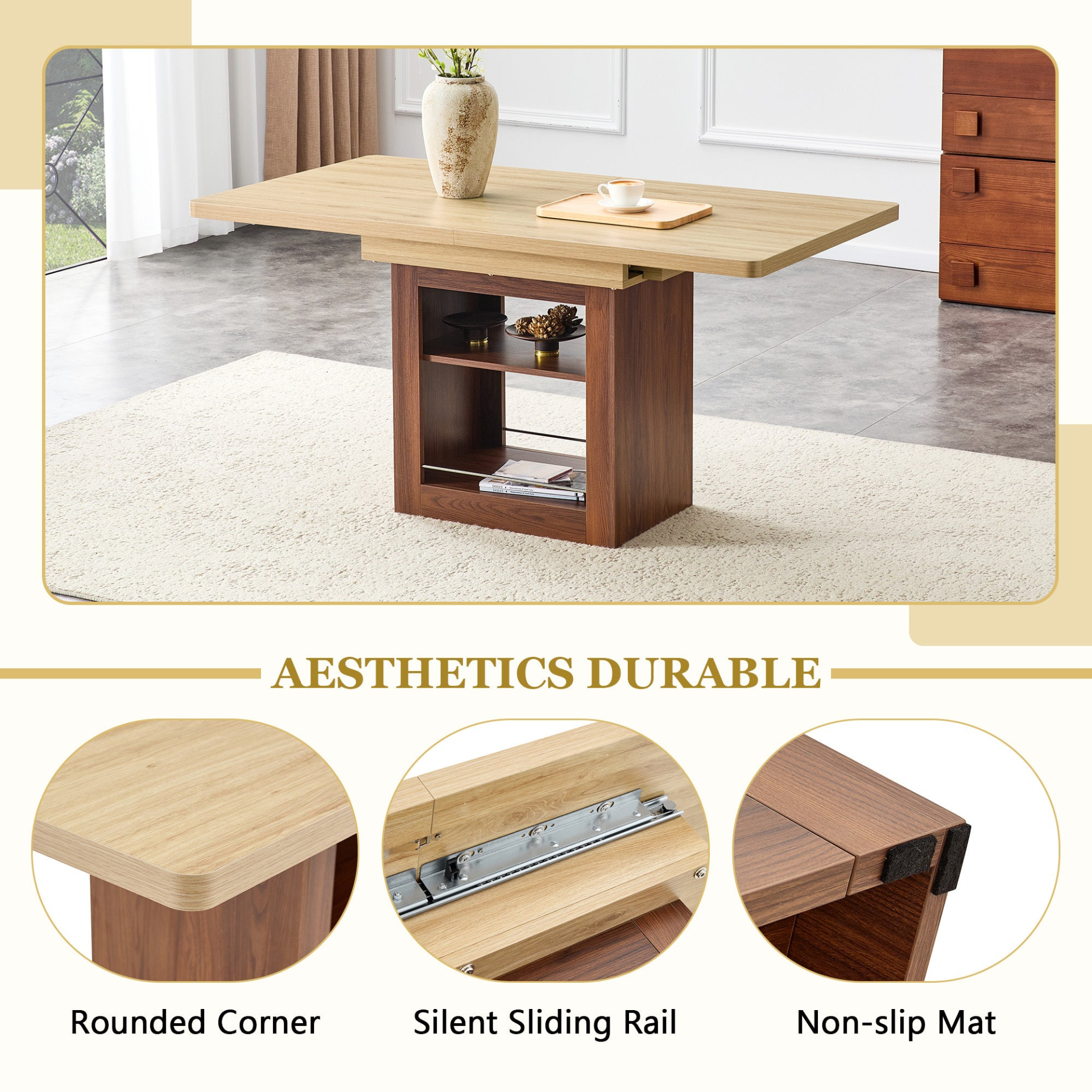 Rectangular MDF walnut dining table with storage, expandable for dining room, kitchen, or apartment dining spaces by Start2Finish