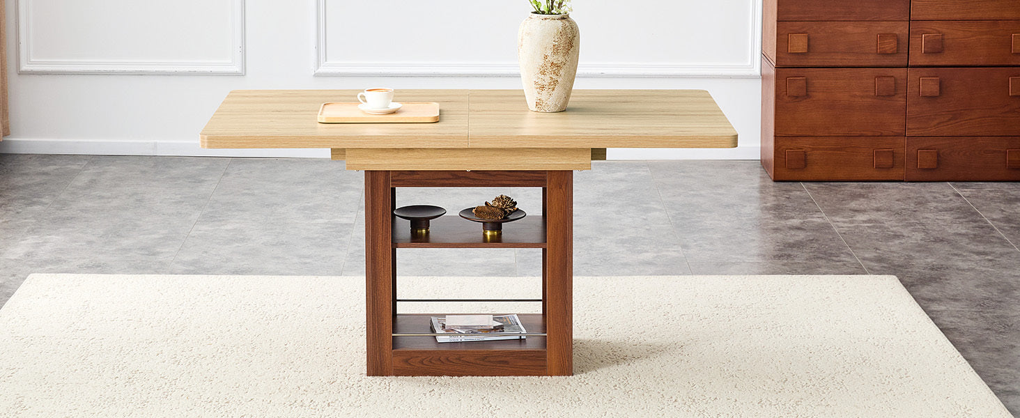 Rectangular MDF walnut dining table with storage and expandable design, ideal for kitchen, dining room, or apartment dining spaces.